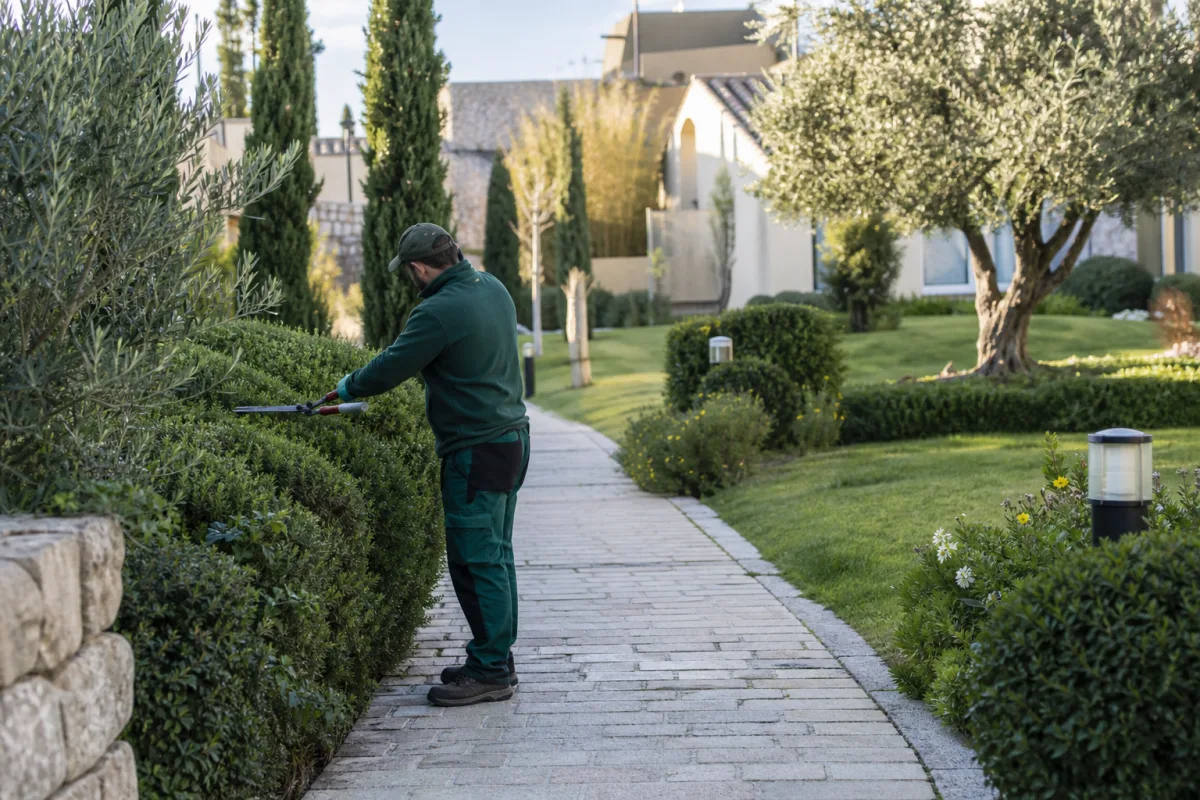 Profesional realizando el mantenimiento de un jardín comunitario en Cáceres