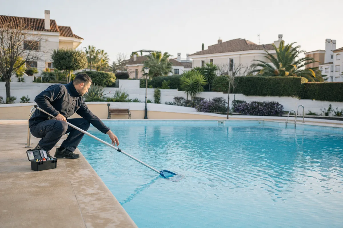 Profesional limpiando y revisando una piscina comunitaria en Cáceres